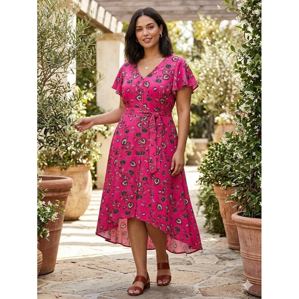 Lane Bryant Hi Lo Pink Maxi Dress with V-neck and floral print Size 22